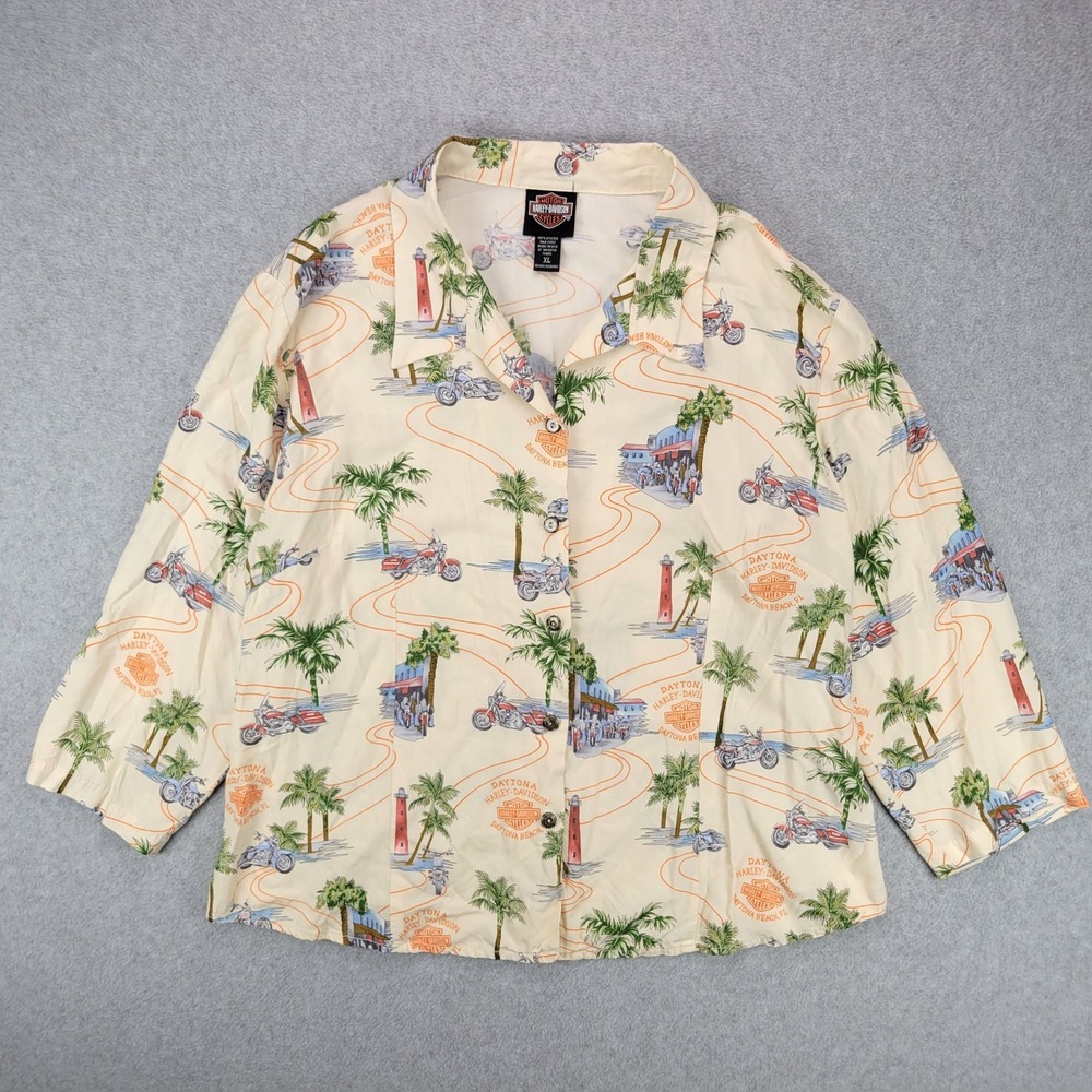 Harley-Davidson Button Down Shirt Womens XL Cream Daytona Beach Tropical Viscose